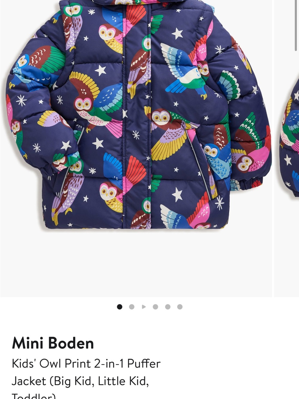 Mini Boden Navy Puffer Jacket with Colorful Owl Print